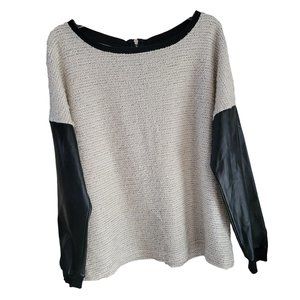 Kut from the Kloth L Faux Leather Sleeve Trim Back Zip Chenille Knit Sweater